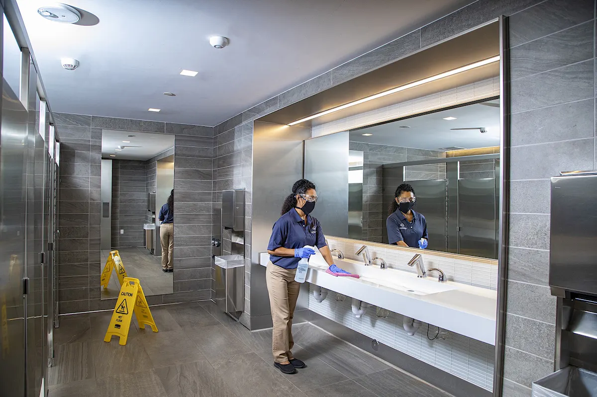 Cleaning Mezzanine-Level Bathrooms with KBS Services